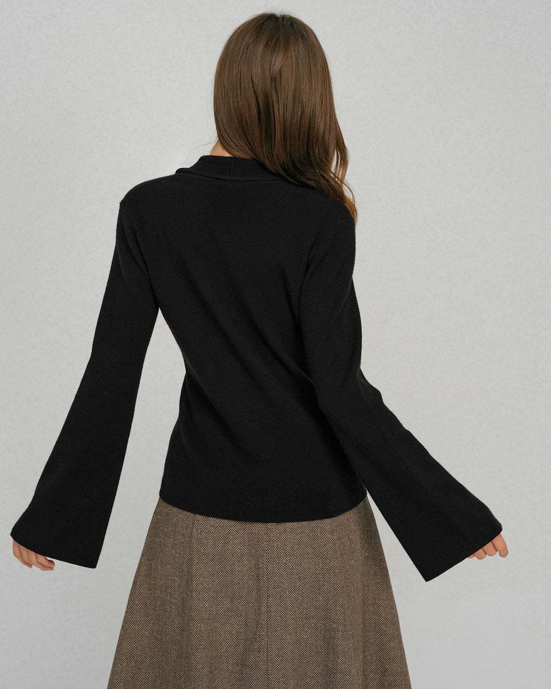 Black Bell Sleeve Button Collar Sweater