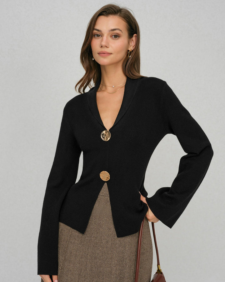 Black Bell Sleeve Button Collar Sweater