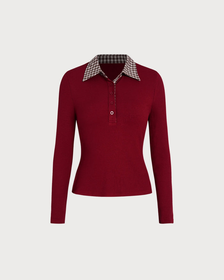 Red Plaid Collar Viscose Tee