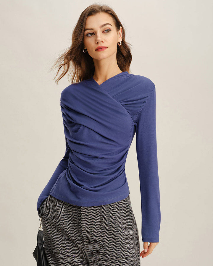 Blue Ruched Slim Knit Tee