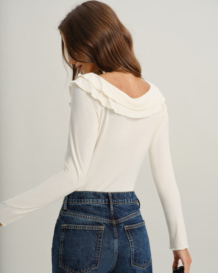 Beige V Neck Ruffle Twist Tee