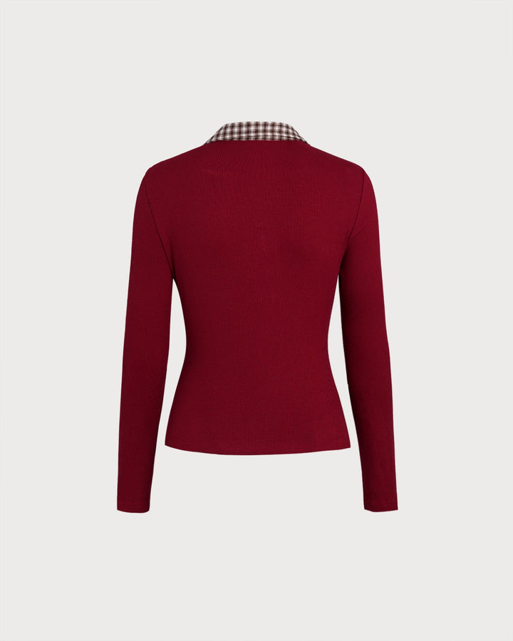 Red Plaid Collar Viscose Tee