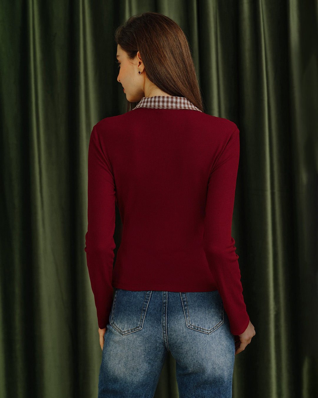 Red Plaid Collar Viscose Tee