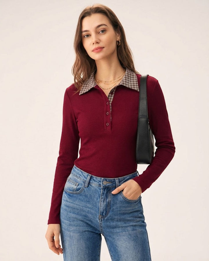 Red Plaid Collar Viscose Tee