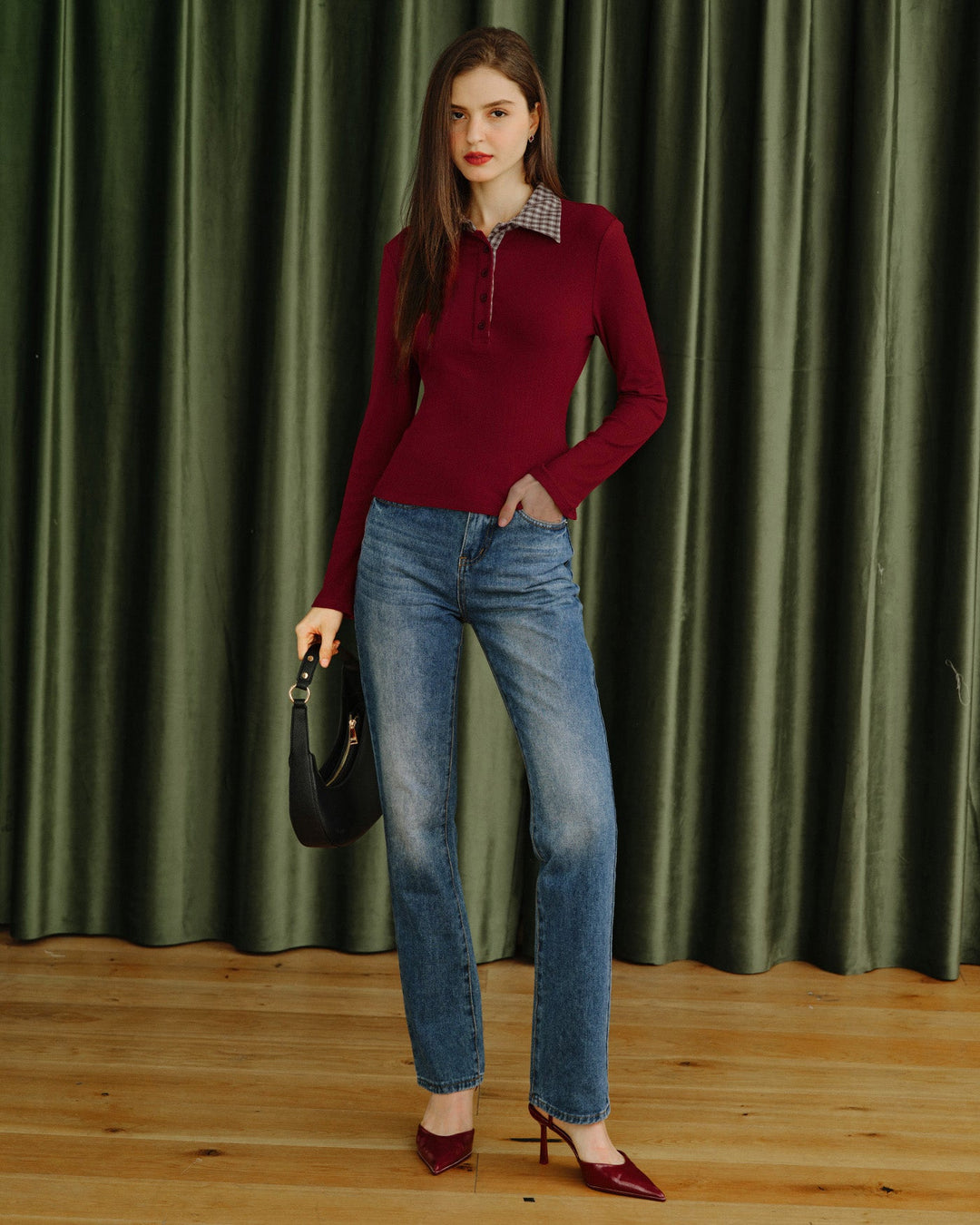 Red Plaid Collar Viscose Tee