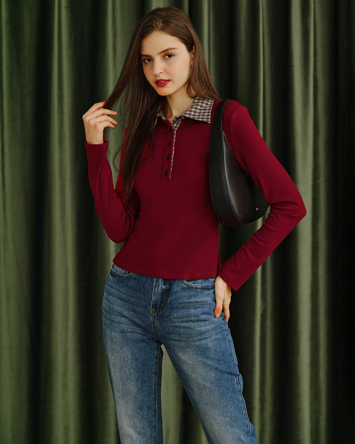 Red Plaid Collar Viscose Tee