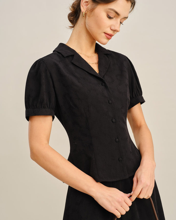 Black Embroidery Collar Button Blouse