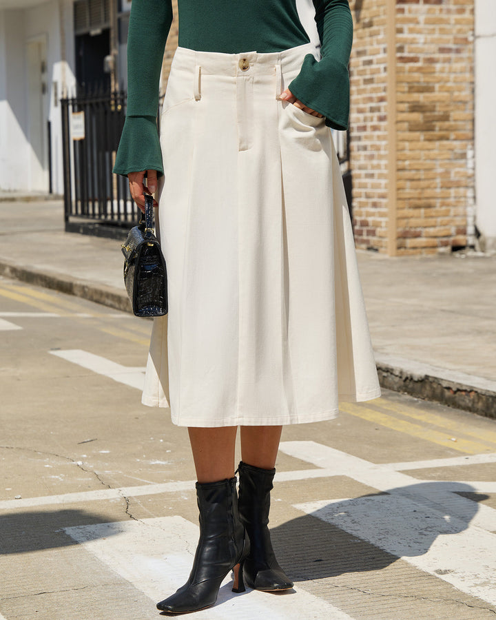 Beige A-Line Pocket Midi Skirt