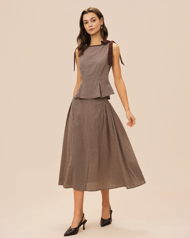 Brown Plaid Midi Skirt