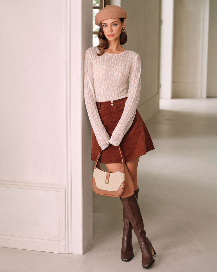 Brown Retro Corduroy A-Line Mini Skirt