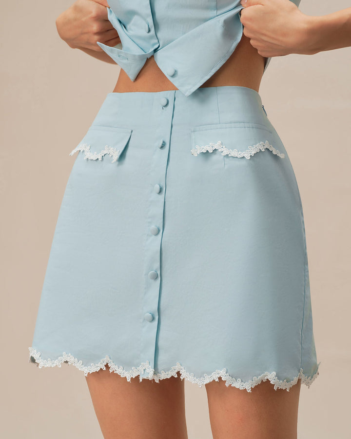 Light Blue Lace Pocket Button Mini Skirt