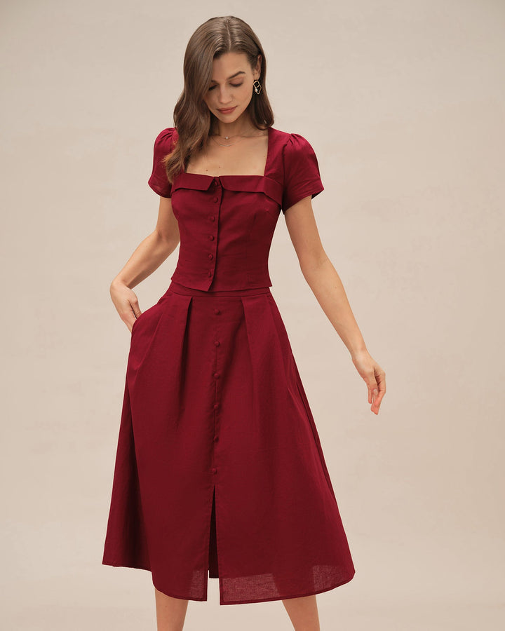 Red Ruched Slit Midi Skirt