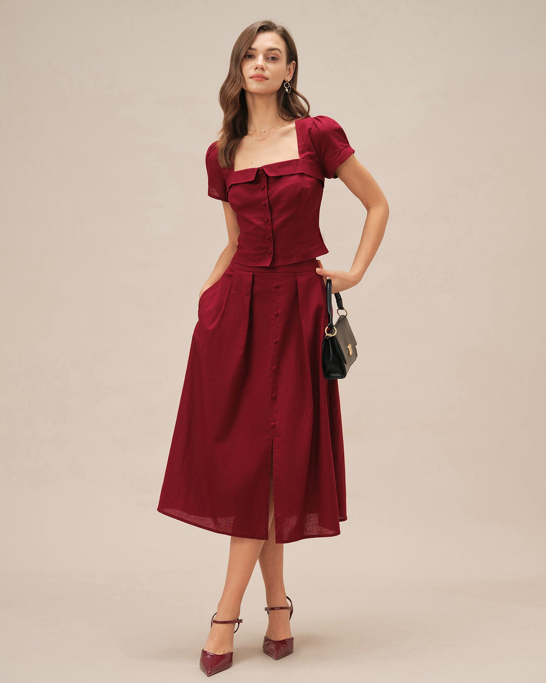 Red Ruched Slit Midi Skirt