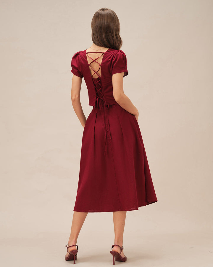 Red Ruched Slit Midi Skirt