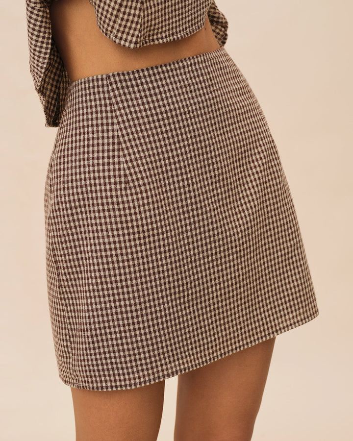 Brown Plaid Cotton Mini Skirt
