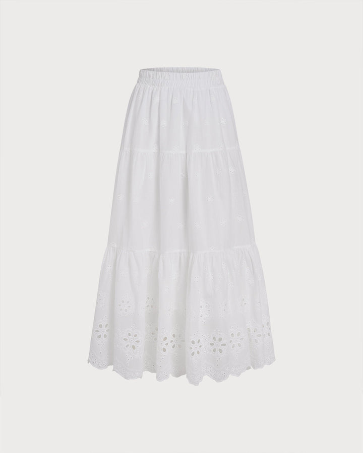 White Floral Textured Midi Skirt