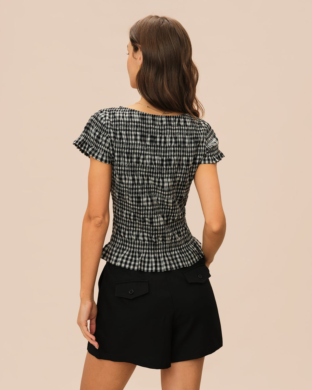 Black Boat Neck Shirred Plaid Tee