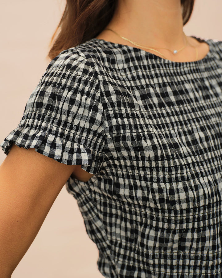 Black Boat Neck Shirred Plaid Tee