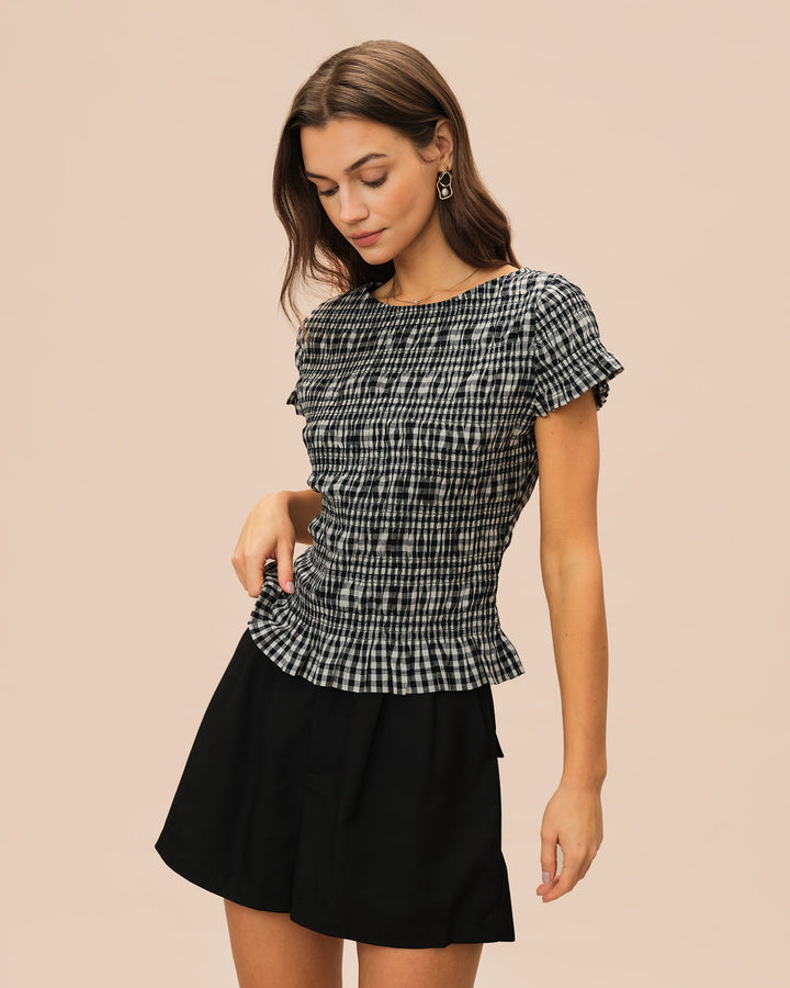 Black Boat Neck Shirred Plaid Tee