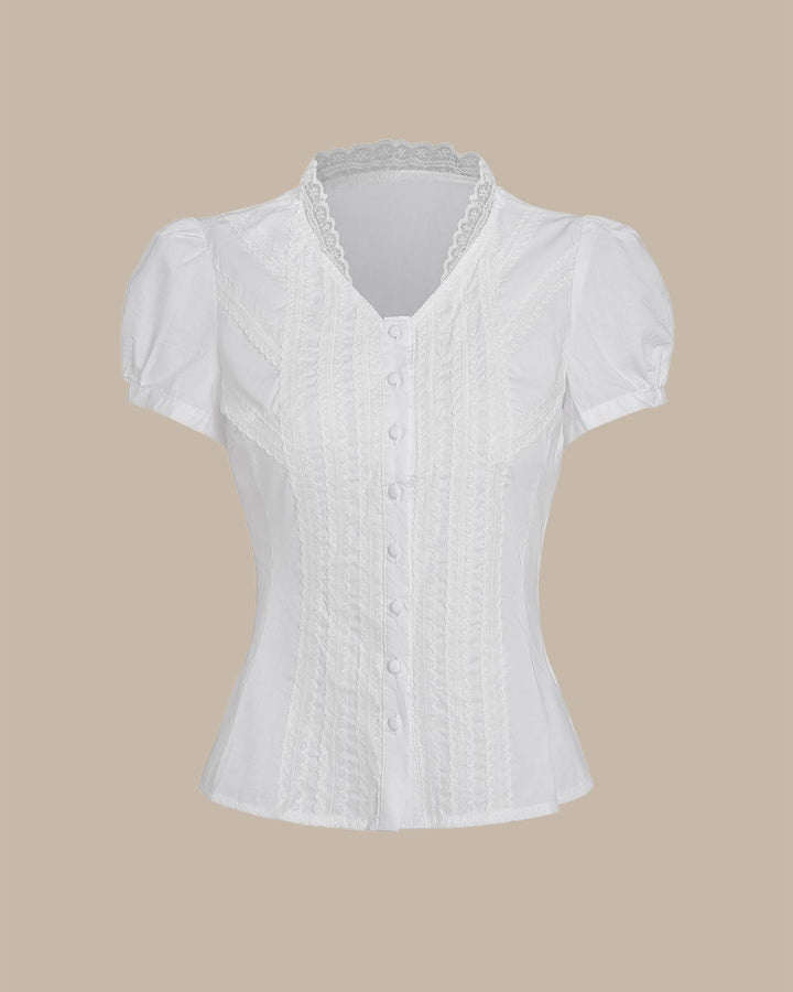 White V Neck Puffed Sleeve Tee