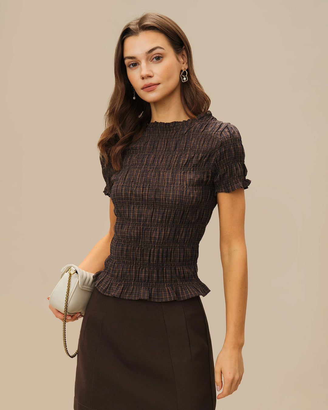 Coffee Plaid Shirred Tee