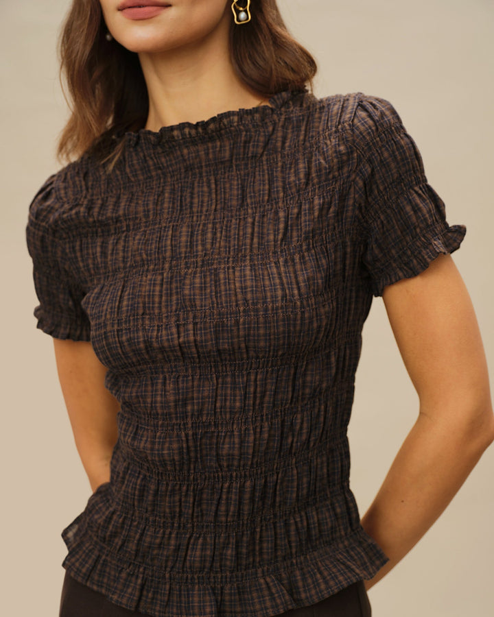 Coffee Plaid Shirred Tee