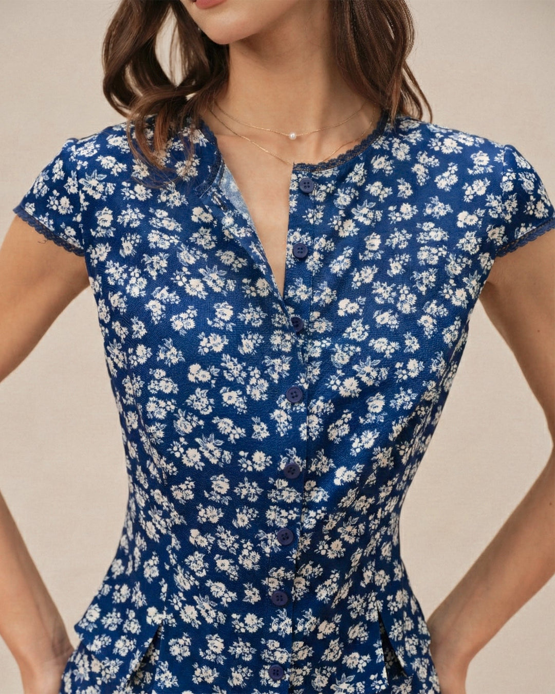 Blue Floral Cap Sleeve Button Blouse