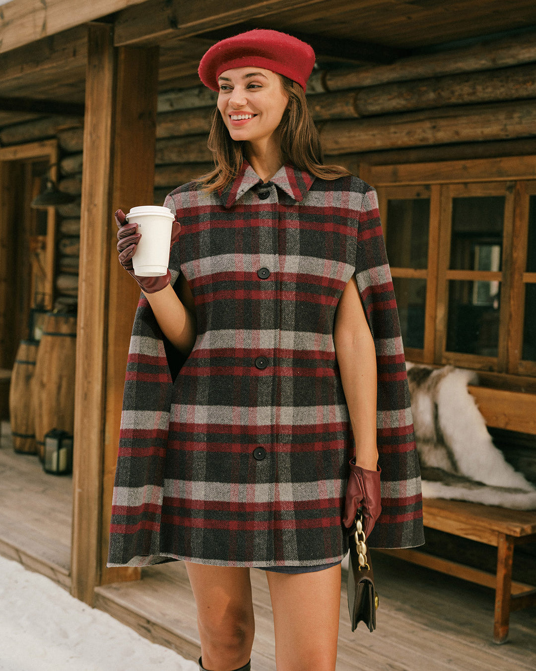 Red Plaid Cape Sleeve Coat