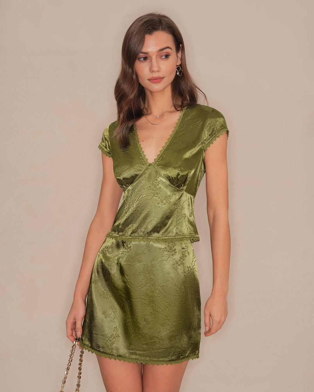 Green Floral Satin Mini Skirt