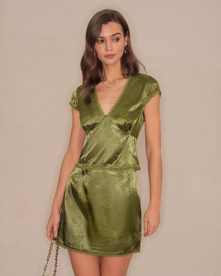 Green Floral Satin Mini Skirt