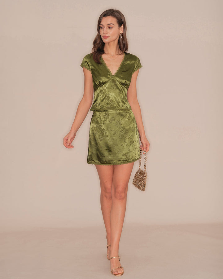 Green Floral Satin Mini Skirt