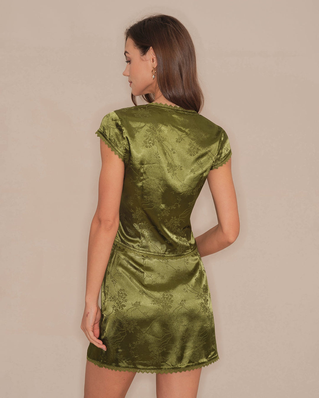 Green Floral Satin Mini Skirt