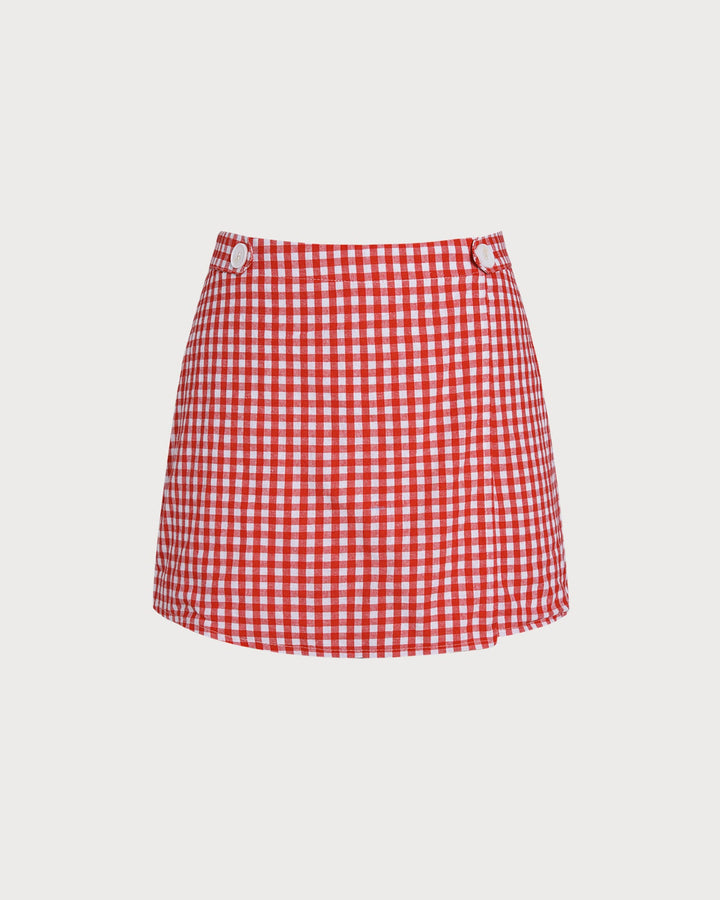 Red Plaid Button Skort