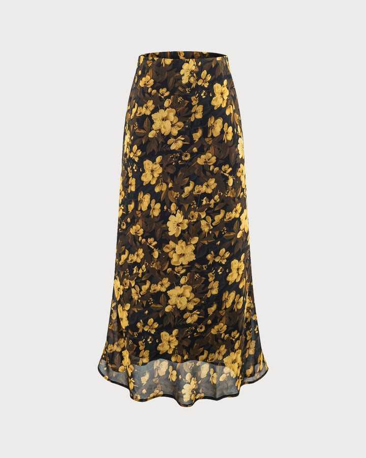 Black Floral Elastic Waist Skirt