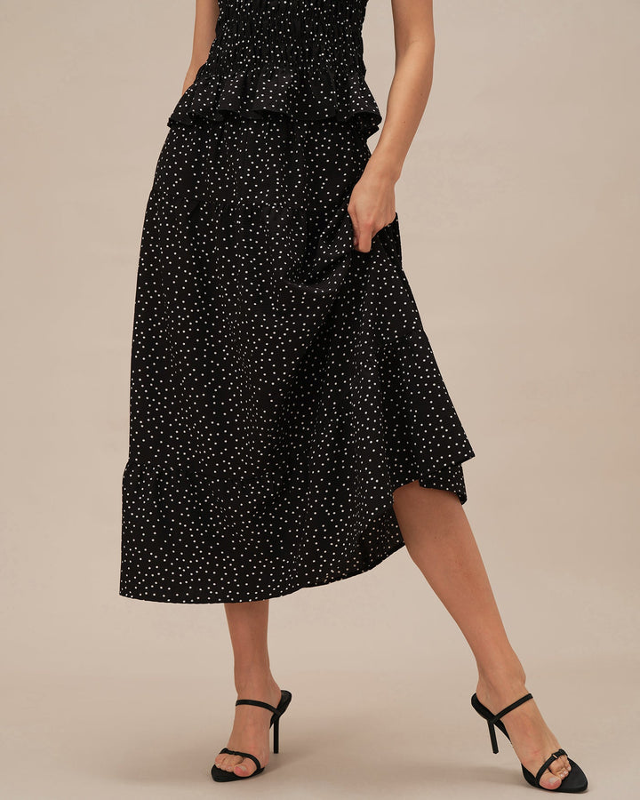 Black Polka Dot Ruched Midi Skirt