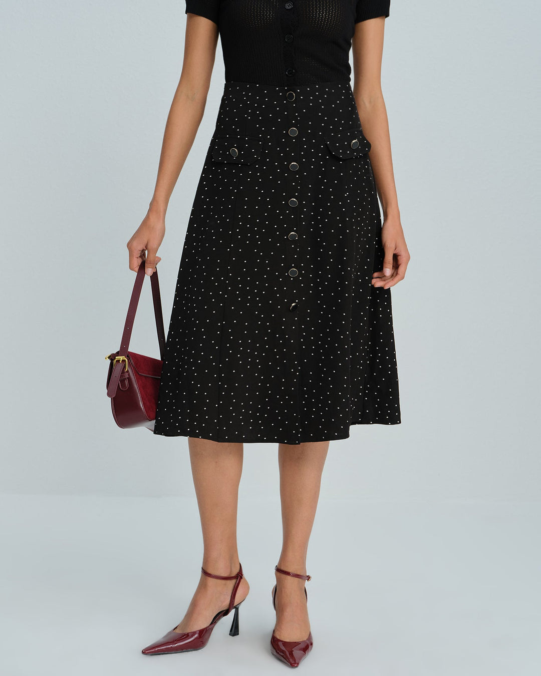 Black Polka Dot Midi Skirt