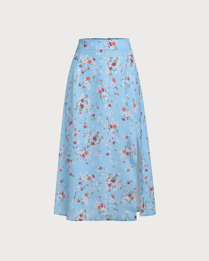 Blue Floral Slit A-Line Midi Skirt