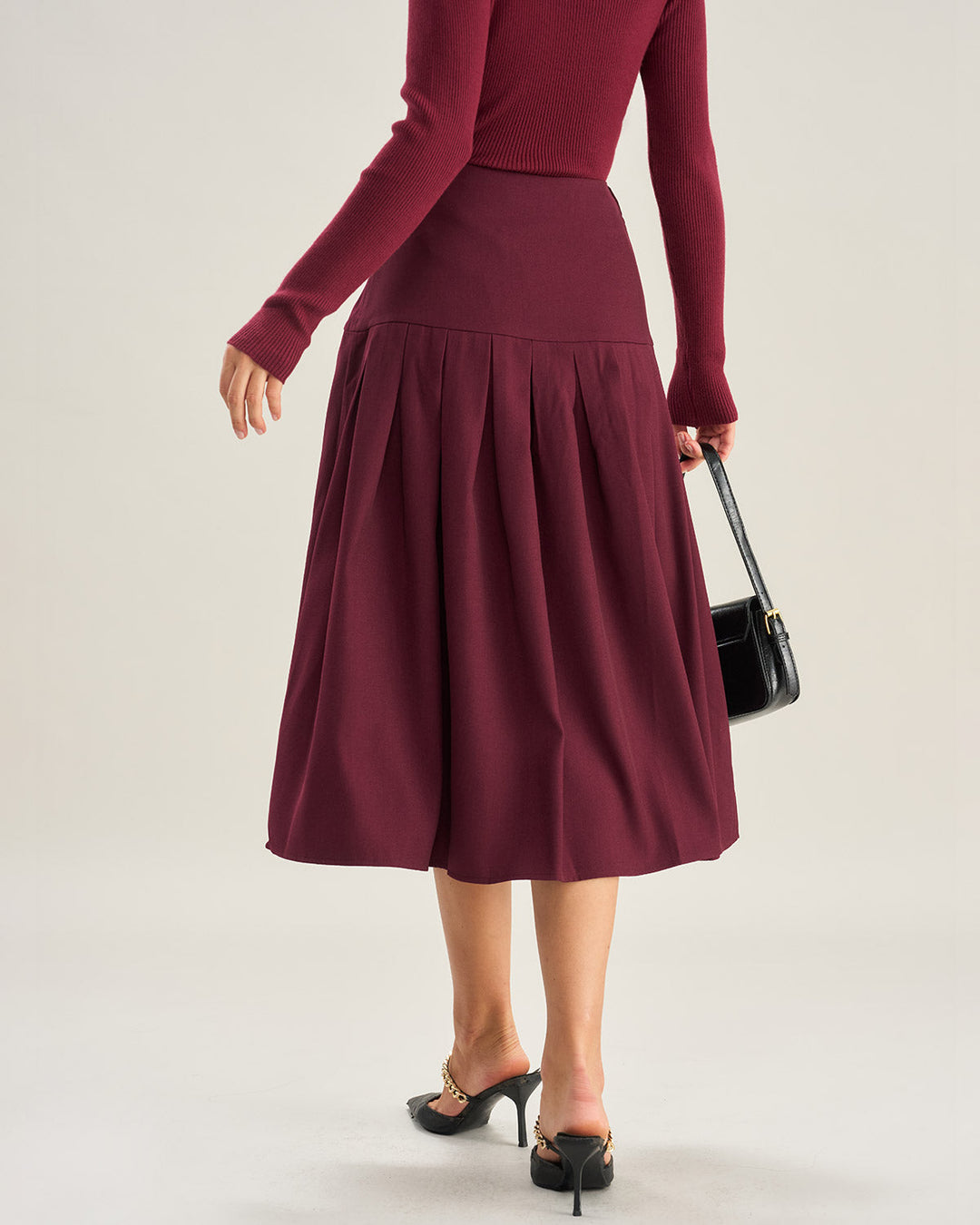 Wine Red Natural Waisted Pleated Midi Skirt