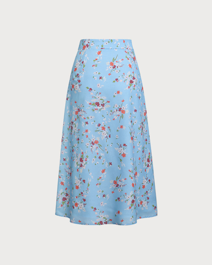 Blue Floral Slit A-Line Midi Skirt