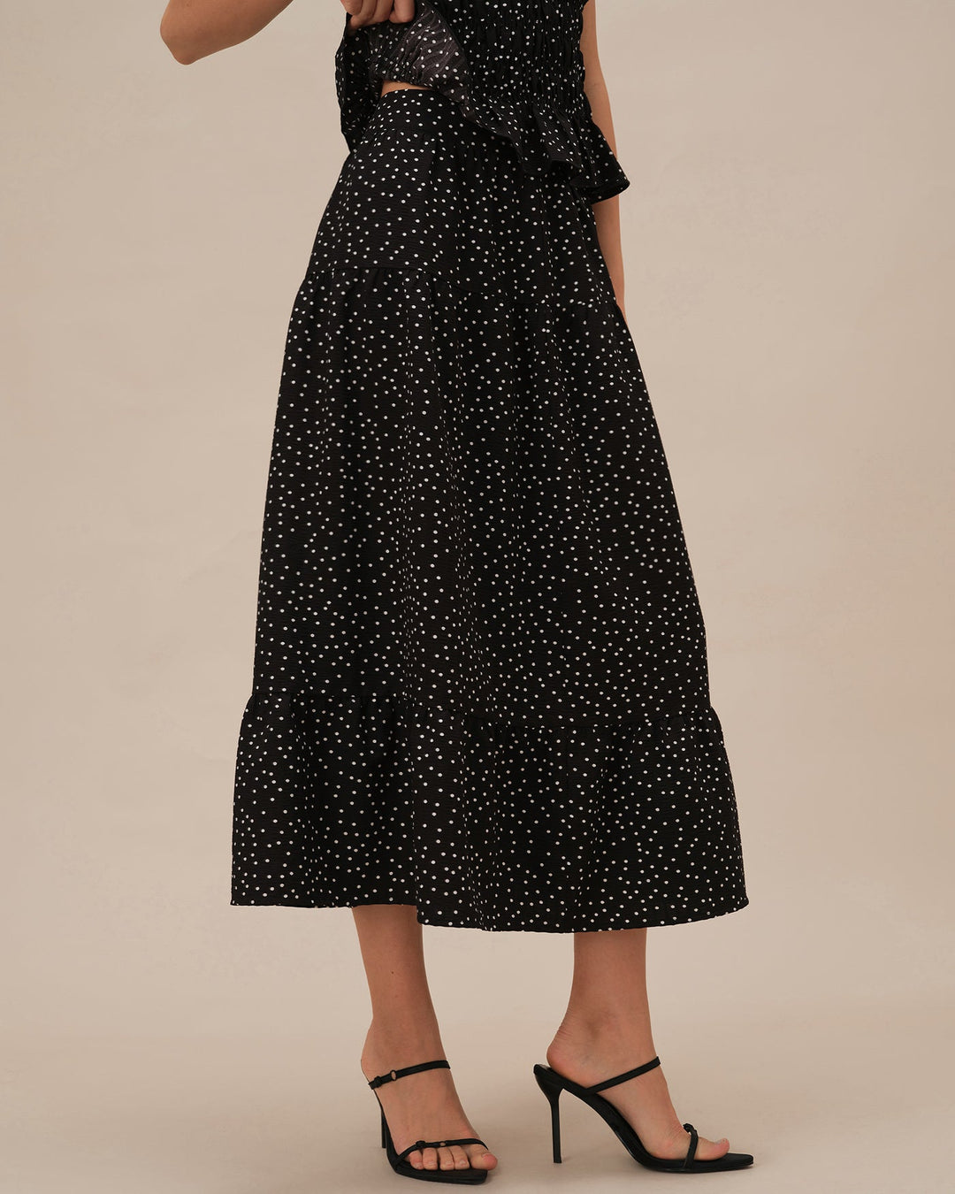 Black Polka Dot Ruched Midi Skirt