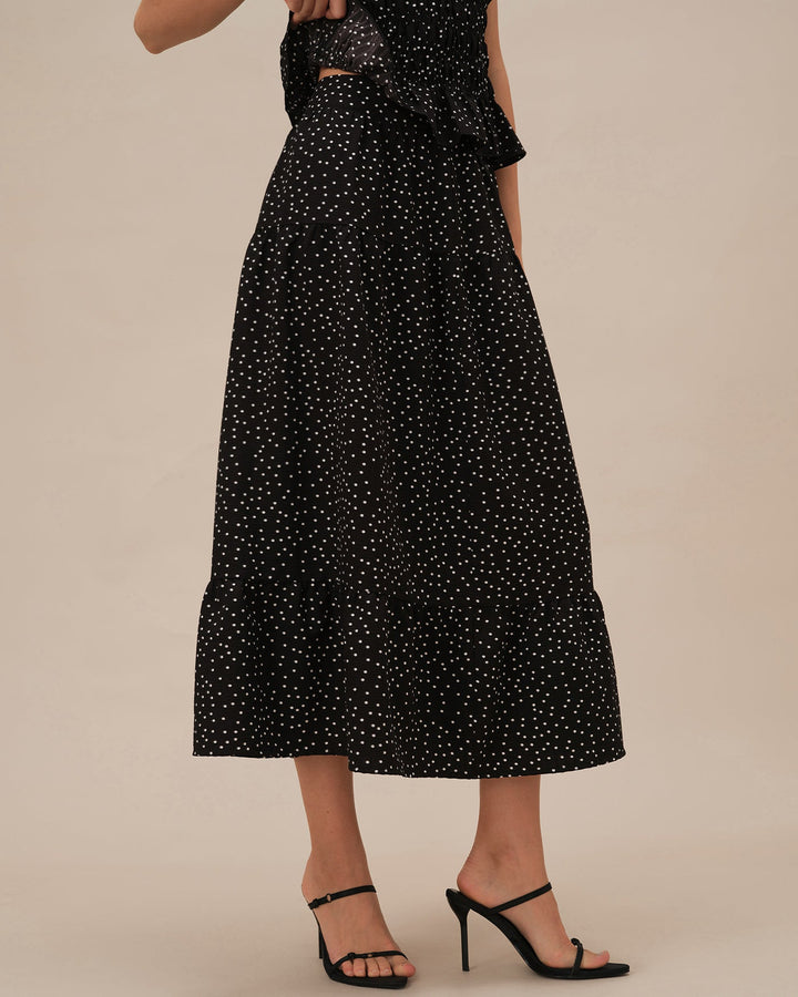 Black Polka Dot Ruched Midi Skirt