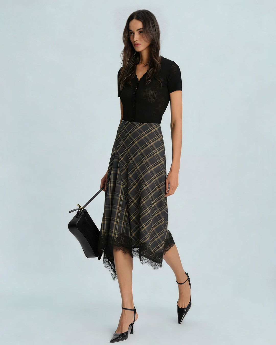 Brown Plaid A-Line Midi Skirt