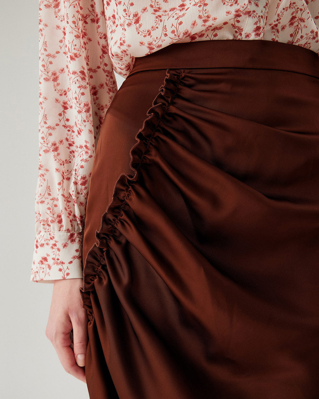 Coffee Ruched Pencil Midi Skirt