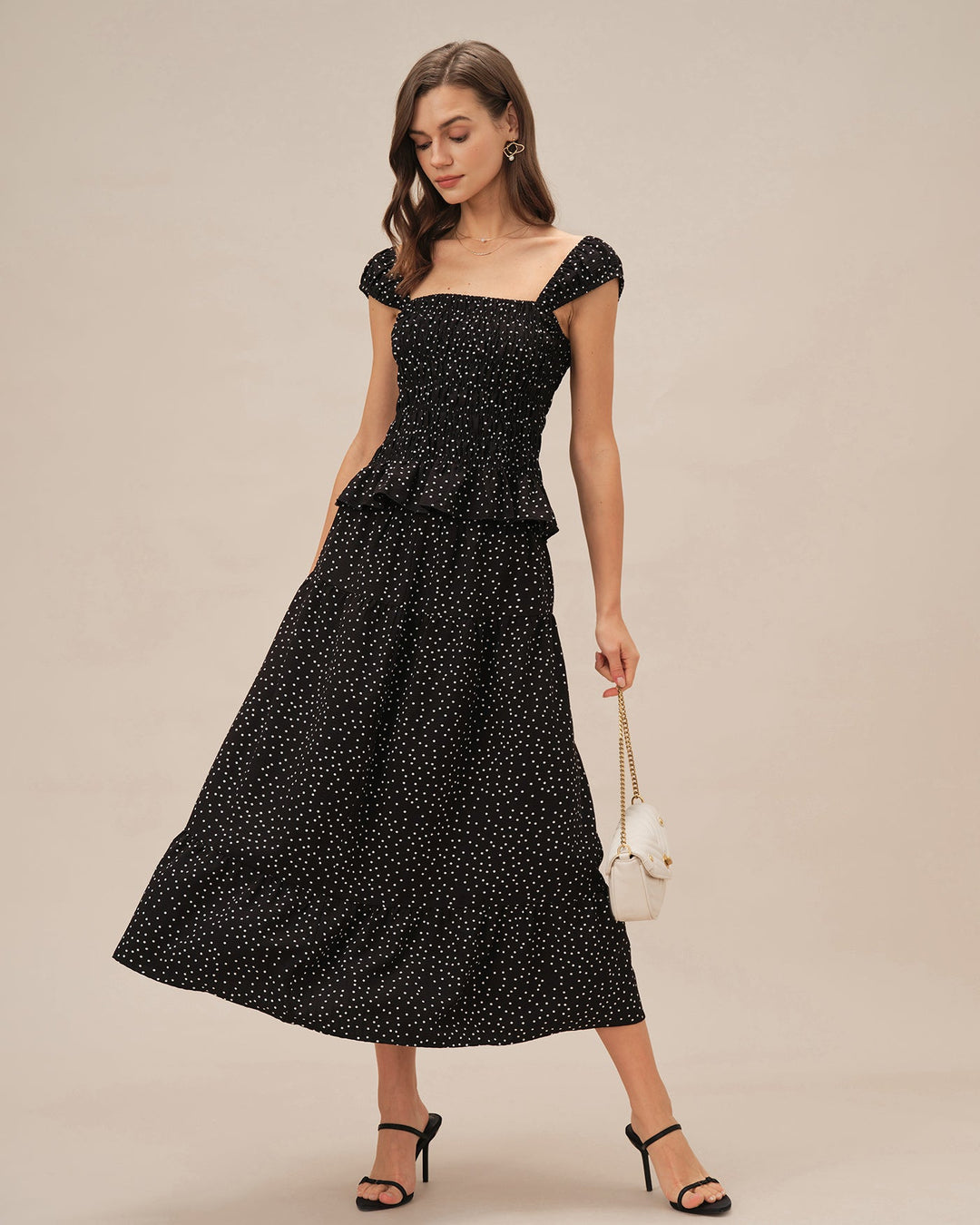 Black Polka Dot Ruched Midi Skirt