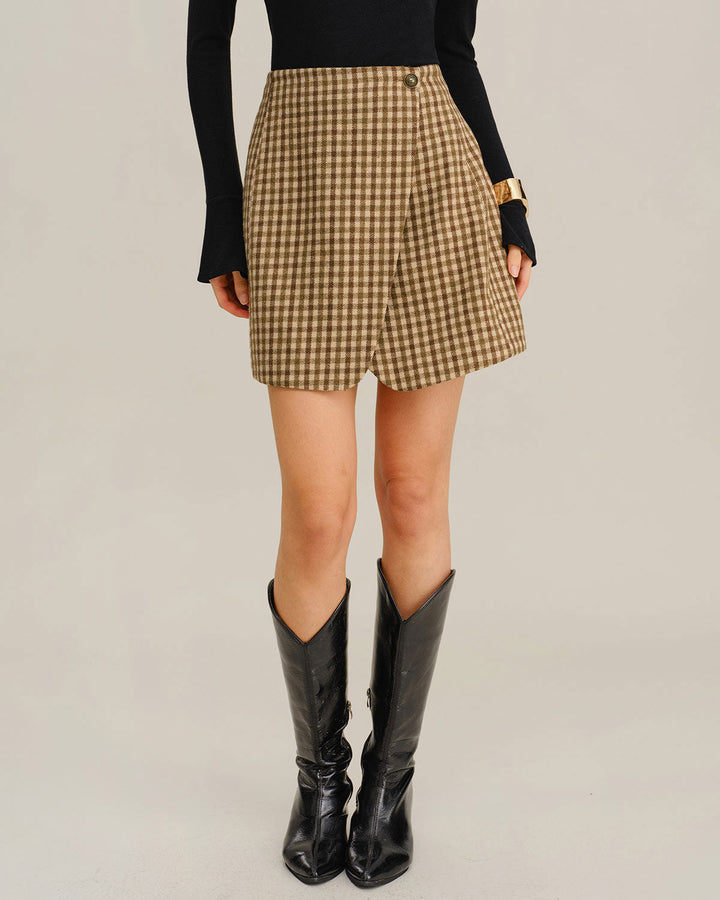 Khaki Plaid Wrap Mini Skirt