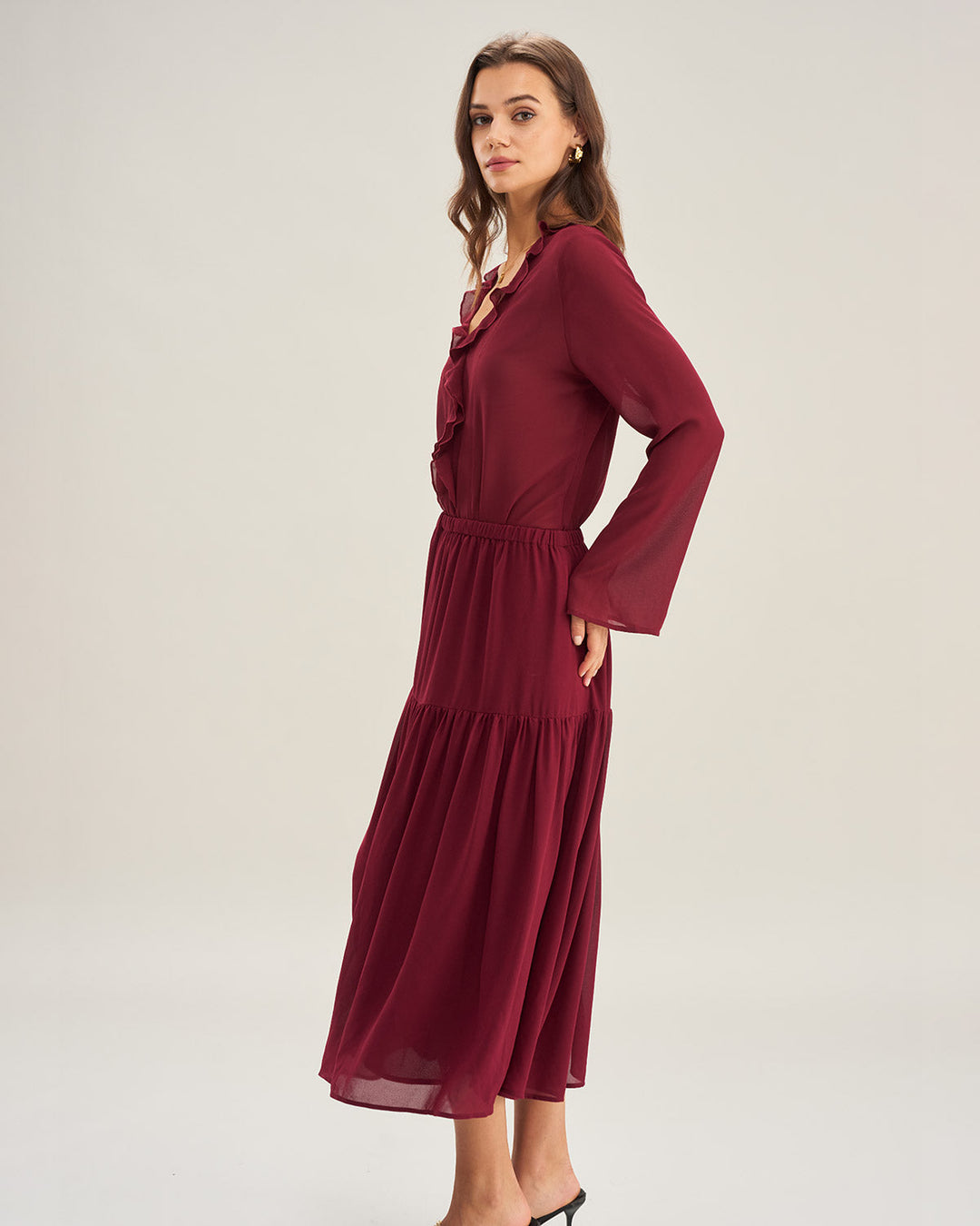 Wine Red Chiffon A-Line Midi Skirt