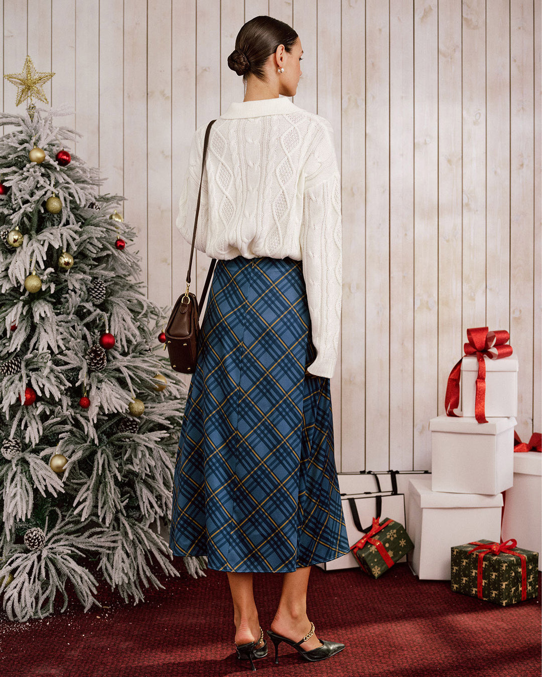 Blue Plaid A-Line Midi Skirt