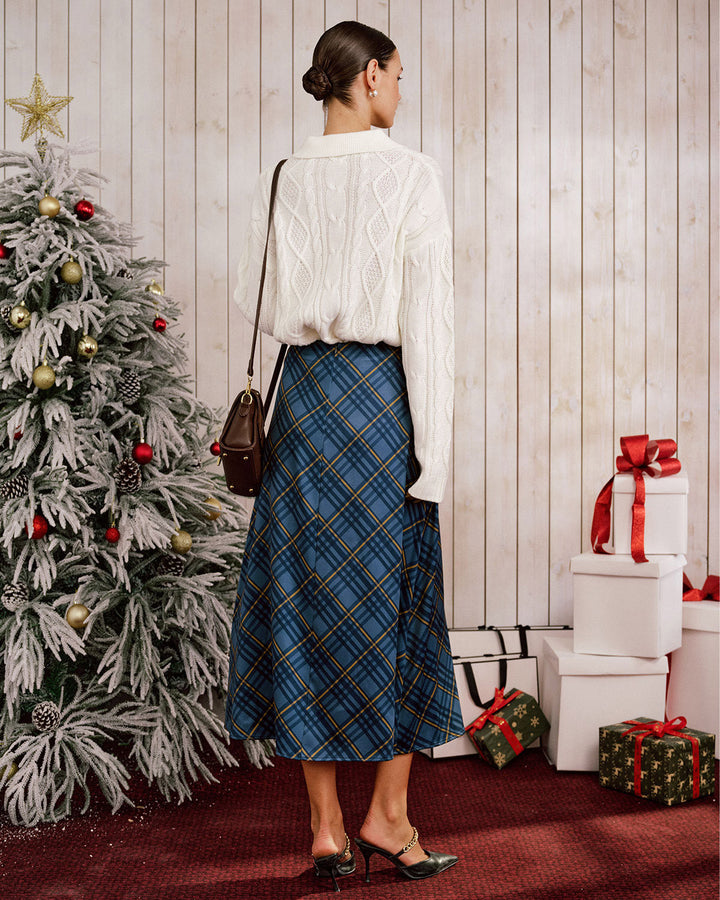 Blue Plaid A-Line Midi Skirt