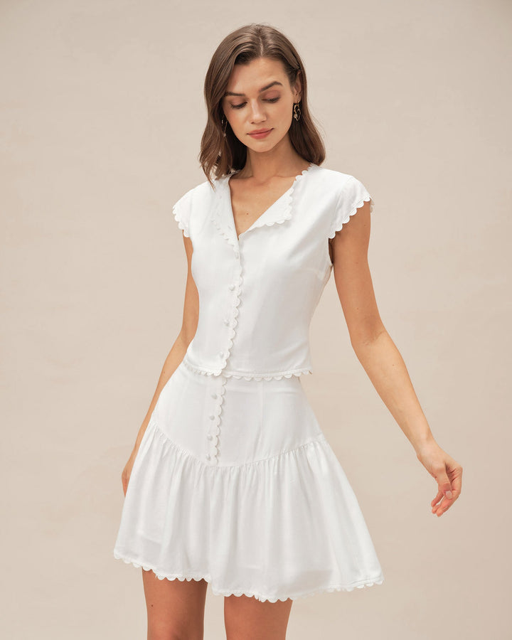 White Button Ruched Mini Skirt
