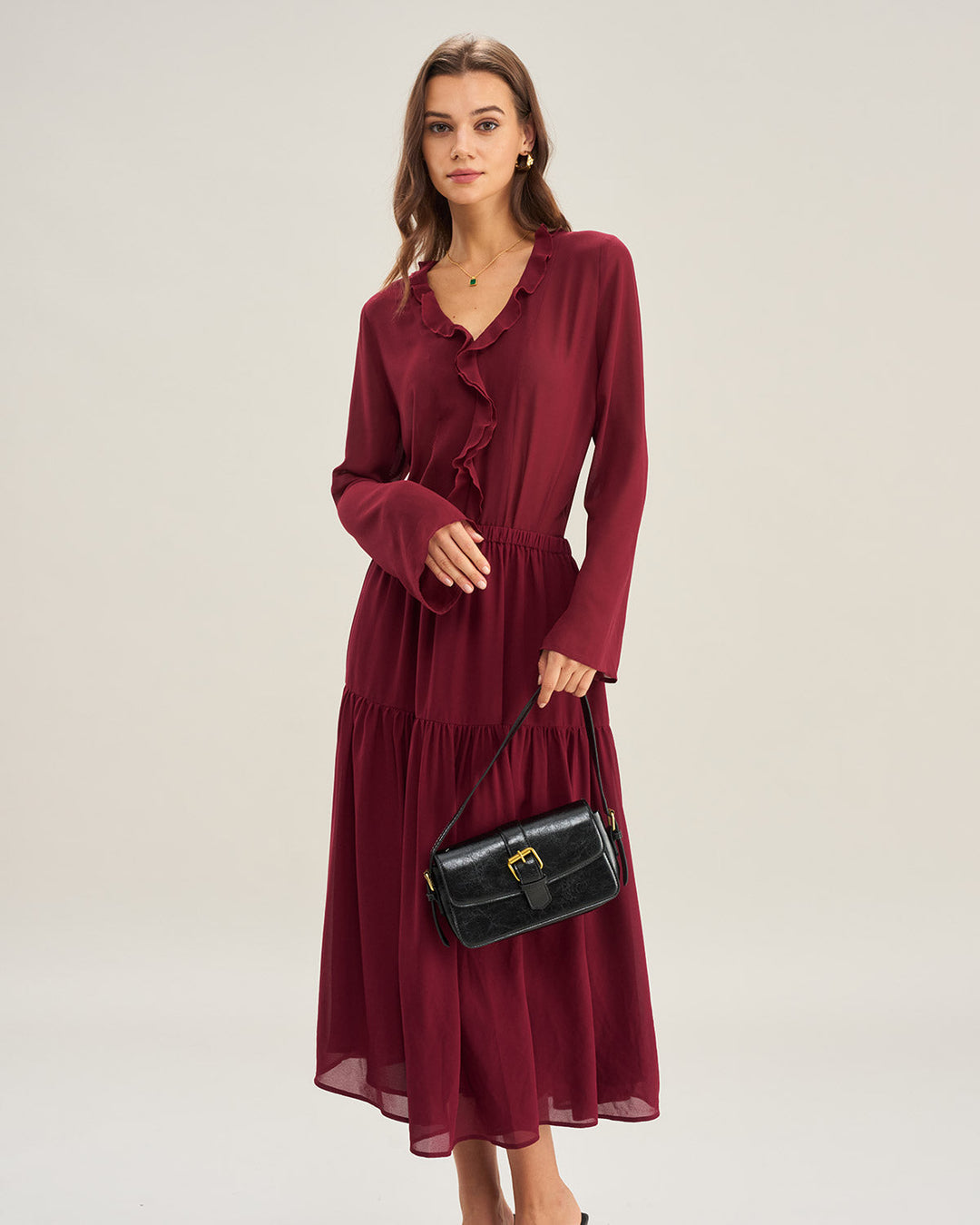 Wine Red Chiffon A-Line Midi Skirt